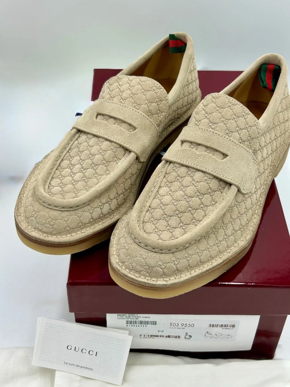Men’s Gucci Suede GG Monogram Web Penny Loafer. Size 8.(fits 9). Made in Italy.